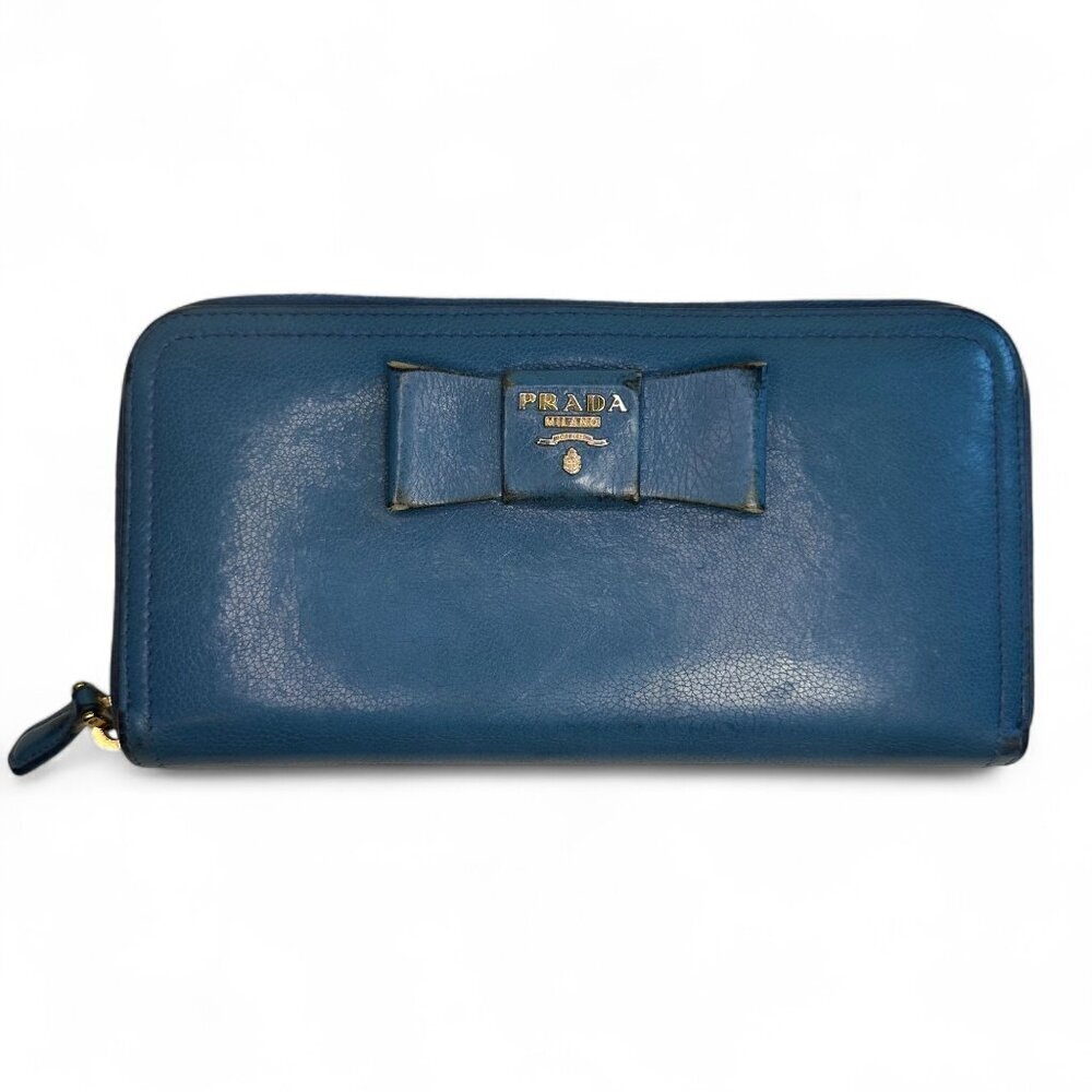 Women's Prada Saffiano Fiocco Leather Long Blue Zippered Ribbon Wallet